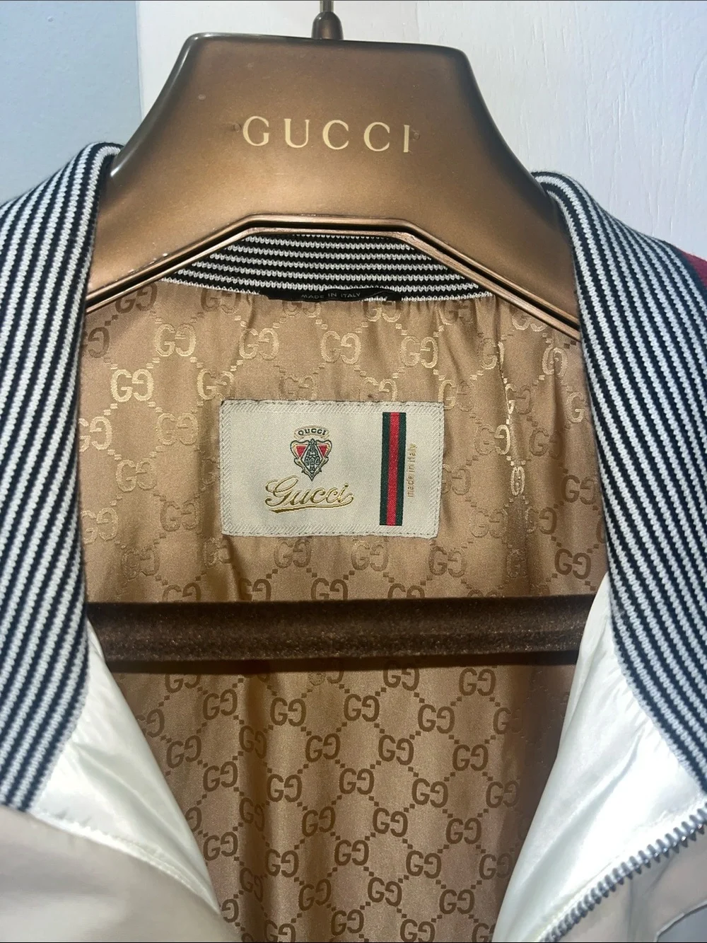 Gucci White Bomber Jacket with Navy-Striped and Red Trim